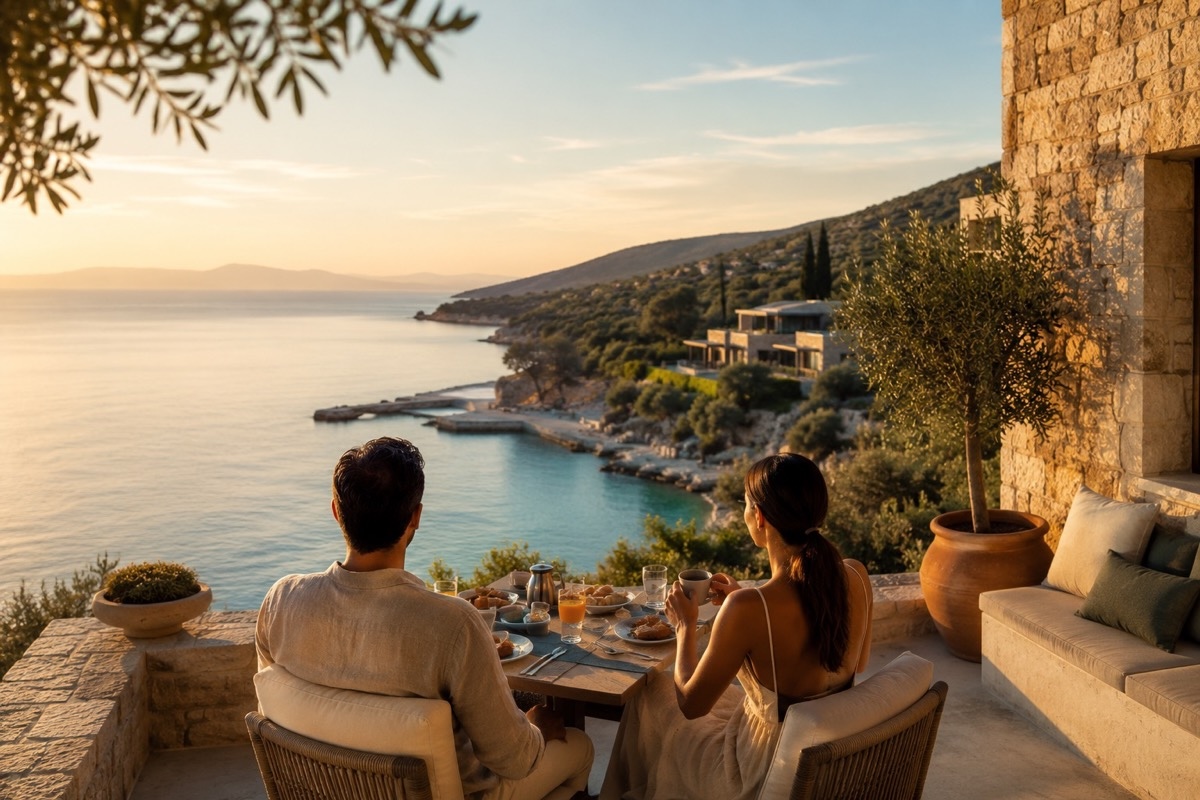 Paar genießt ein ruhiges Frühstück auf einer mediterranen Terrasse mit Meerblick, Abendlicht, Olivenbaum und stilvoller griechischer Küstenlandschaft.