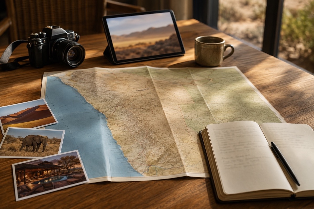 Reiseplanung für Namibia mit Karte, Notizbuch, Kamera und Landschaftsfotos auf einem Tisch.