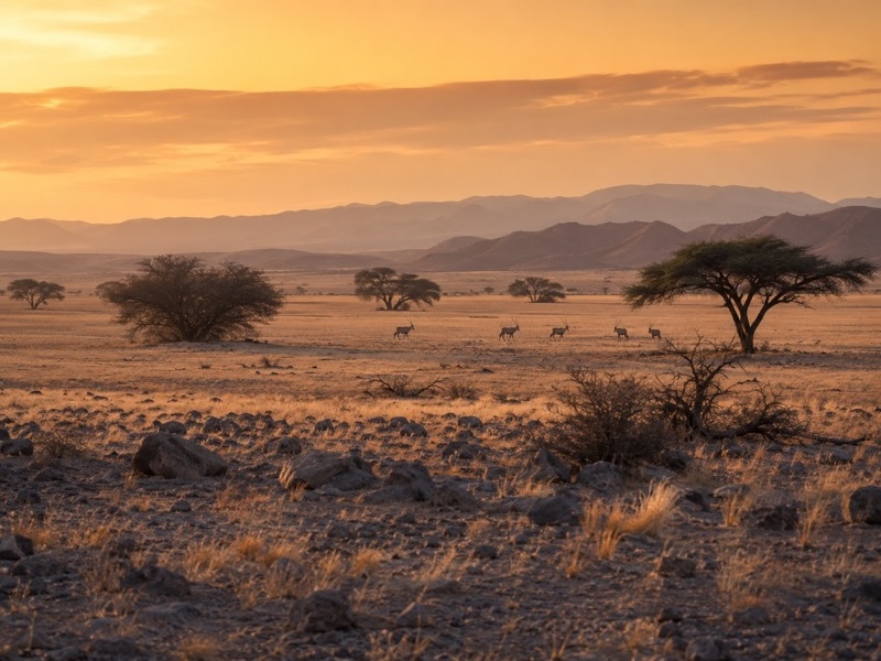 Weite trockene Savannenlandschaft in Namibia mit Oryxantilopen im Abendlicht.