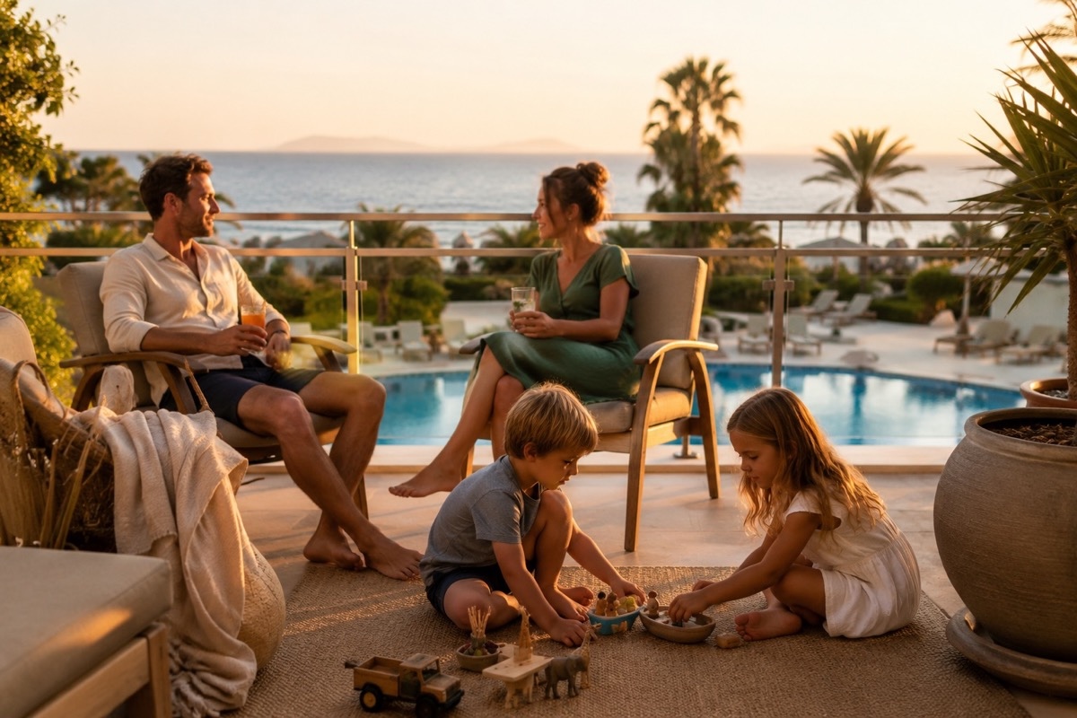 Familie sitzt entspannt auf Hotelterrasse bei Sonnenuntergang, Kinder spielen friedlich im Vordergrund, Eltern genießen ruhigen Moment mit Blick auf Poollandschaft und Meer