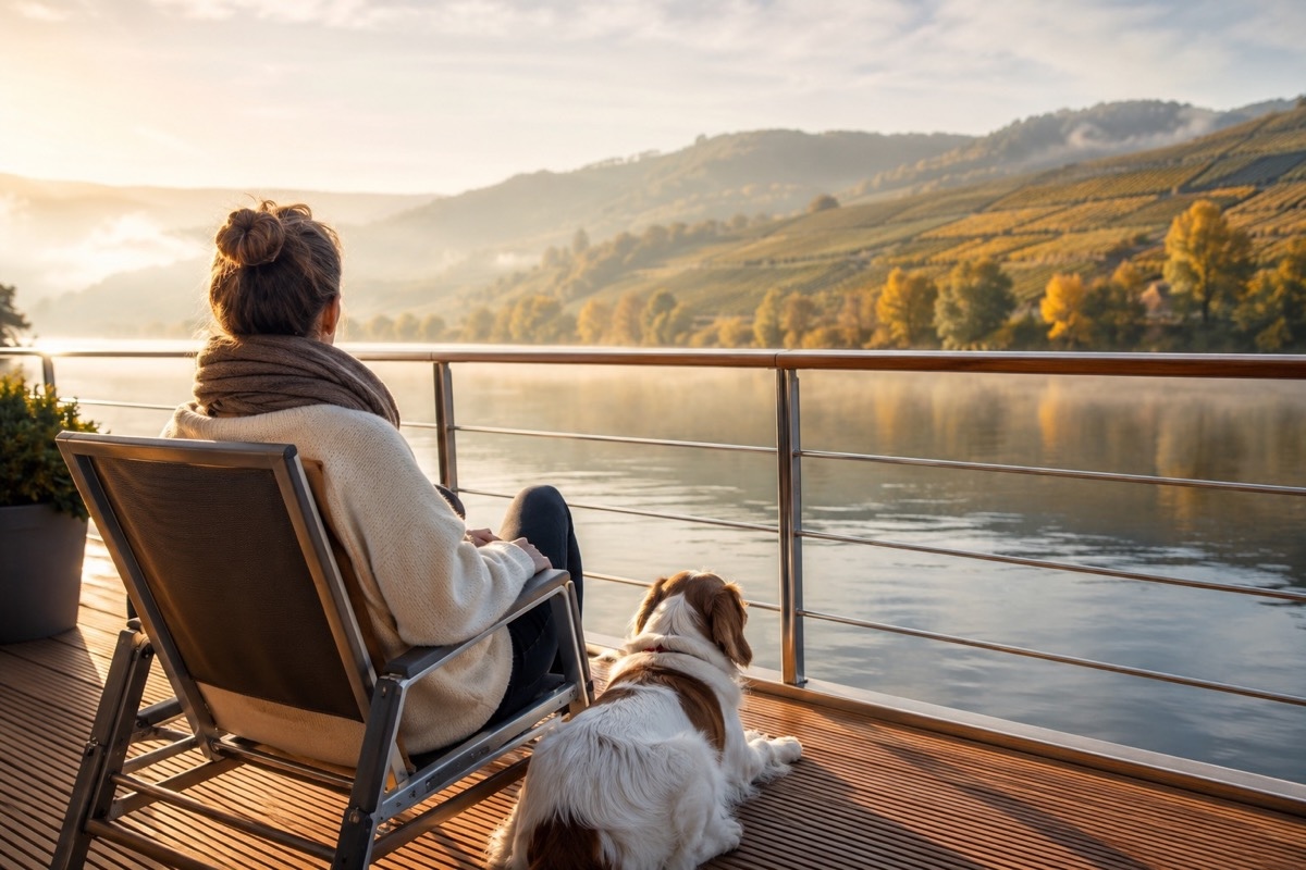 Frau und ihr Hund sitzen entspannt auf dem Sonnendeck eines Flusskreuzfahrtschiffs, Morgenlichtstimmung über ruhigem Fluss mit sanften Ufern und Weinbergen